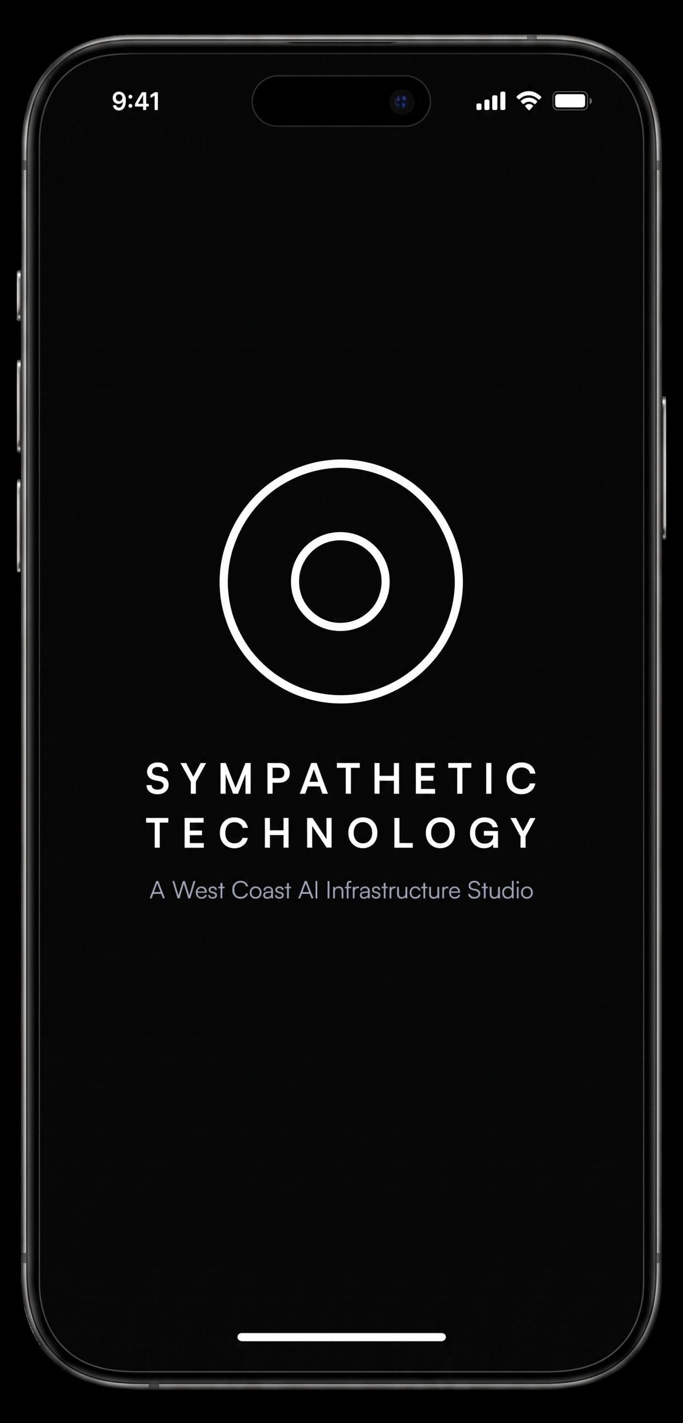 Sympathetic Technology mobile splash screen on iPhone: concentric circle logo, SYMPATHETIC TECHNOLOGY wordmark, and tagline A West Coast AI Infrastructure Studio.