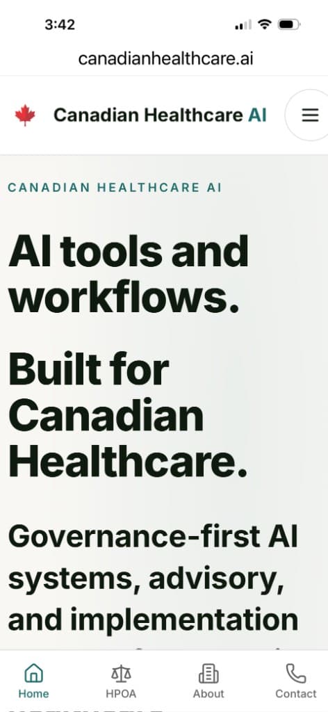 Canadian Healthcare AI home screen with governance-first positioning.