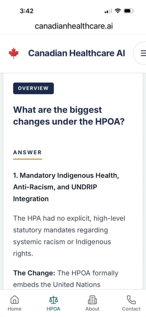 Canadian Healthcare AI HPOA legislative answer interface.