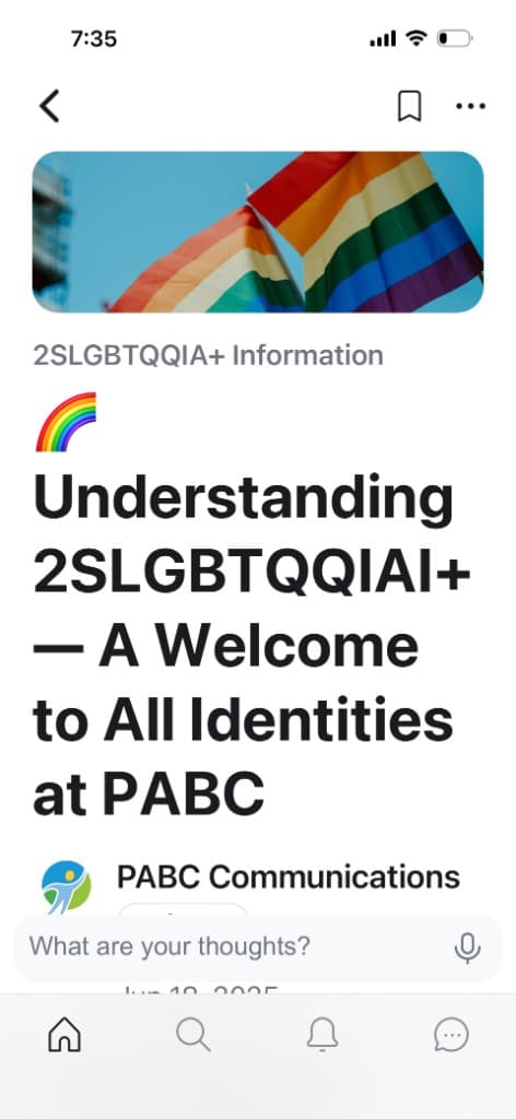 PABC mobile article screen for 2SLGBTQQIA+ information