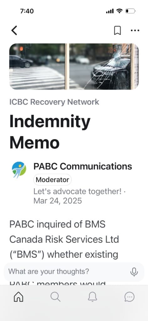 PABC mobile article screen for Indemnity Memo