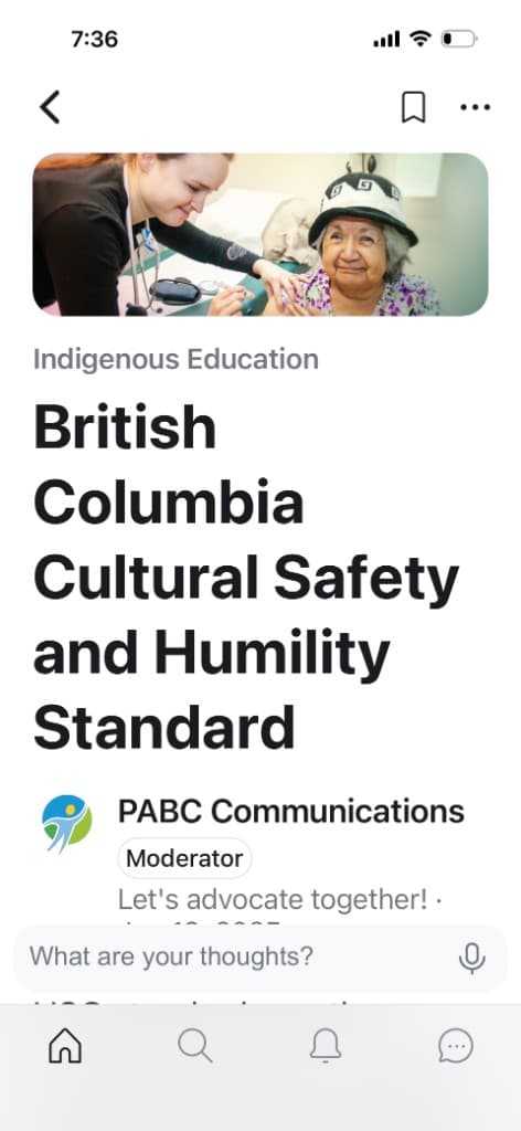 PABC Communications app screen on cultural safety and humility.