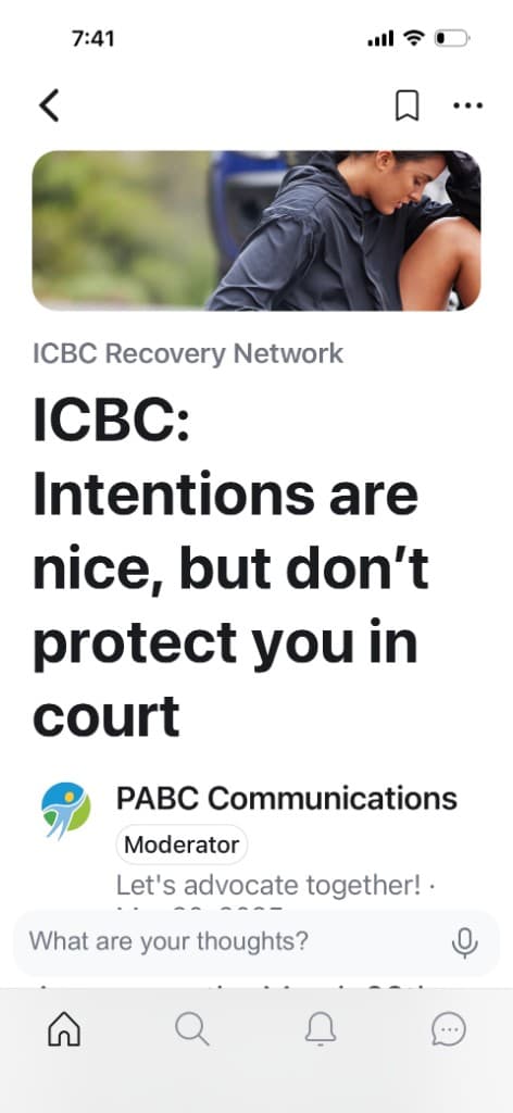 PABC Communications app screen on member advocacy content.