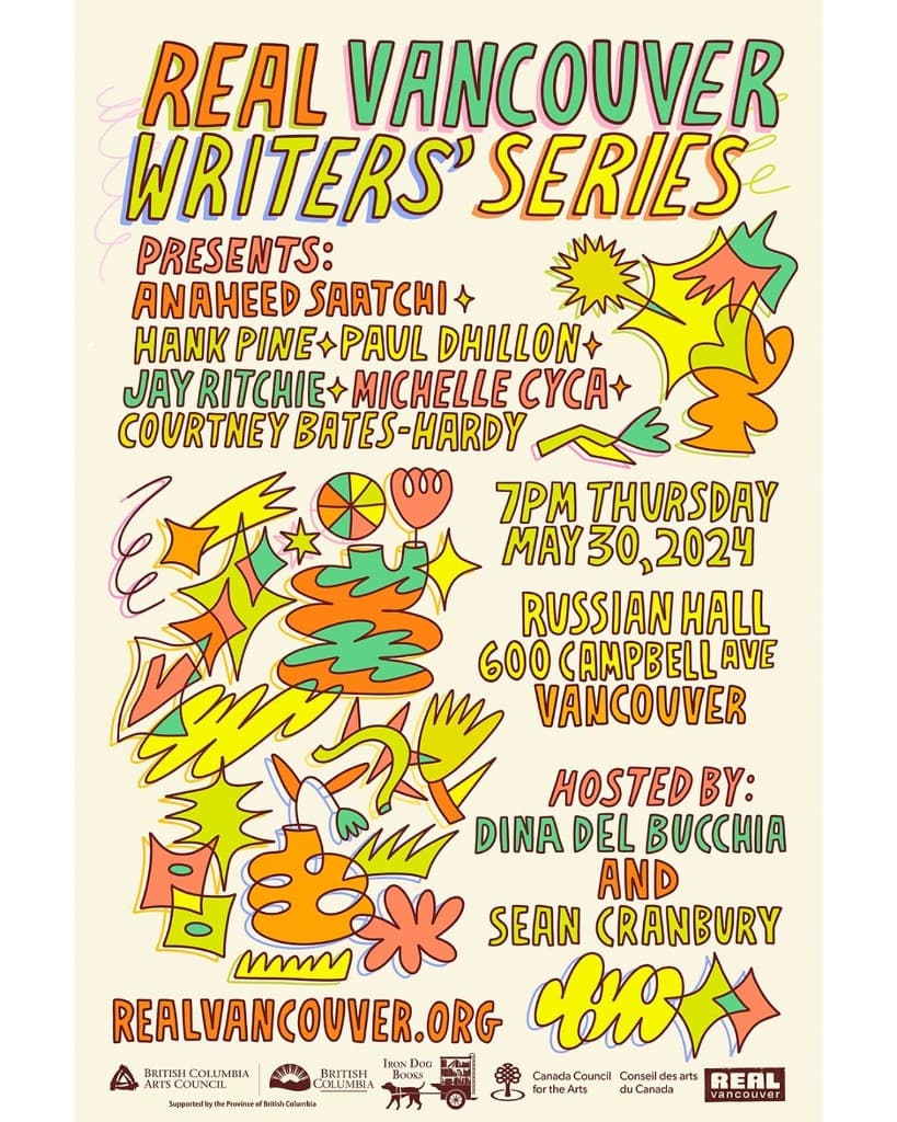 Real Vancouver Writers' Series poster for the October 2024 event at Iron Dog Books.