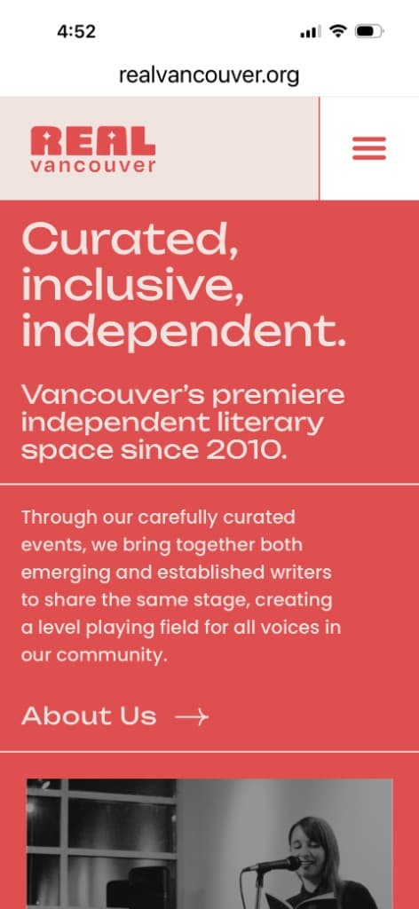 Real Vancouver Writers' Series website, curated independent literary space.
