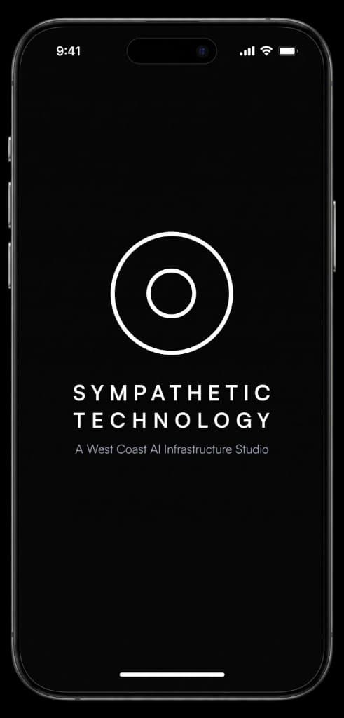 Sympathetic Technology mobile splash screen on iPhone: concentric circle logo, SYMPATHETIC TECHNOLOGY wordmark, and tagline A West Coast AI Infrastructure Studio.